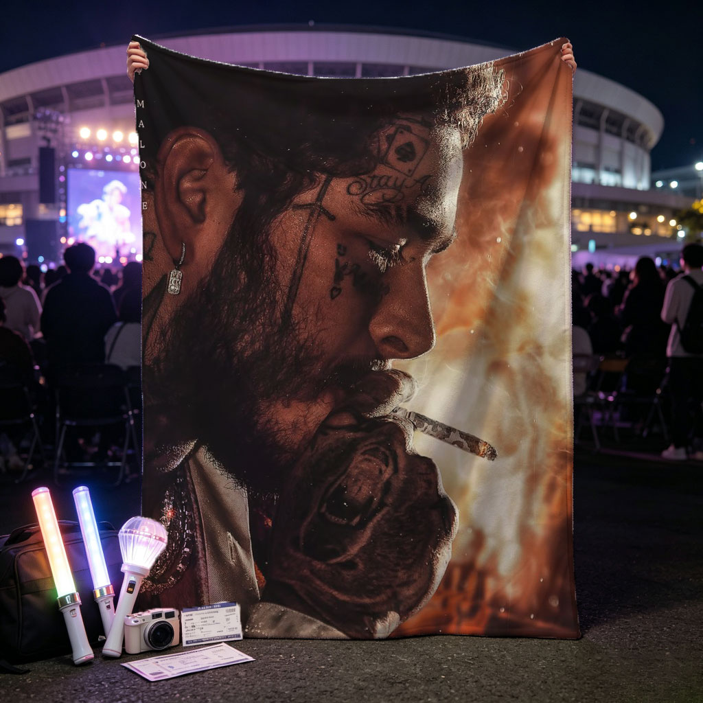 Post Malone Smoking Cigarette with Tattooed Face and Intense Background - Blankets