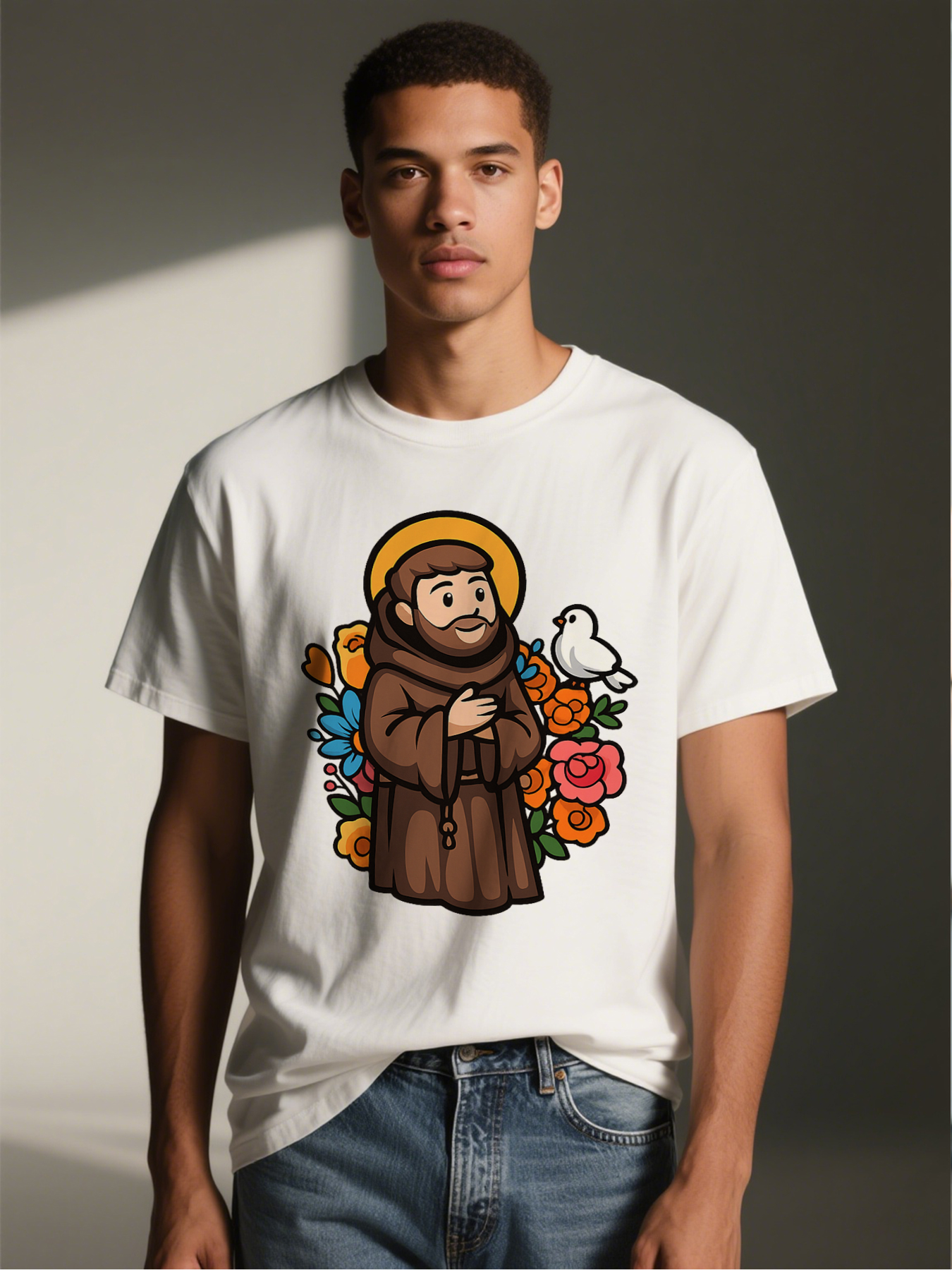Men's Printed T-Shirt Saint Francis with Dove and Flowers Design Casual Round Neck Summer Lightweight Breathable Short Sleeve T-Shirt for Outdoor Activities and Daily Wear Adult Unisex Fit