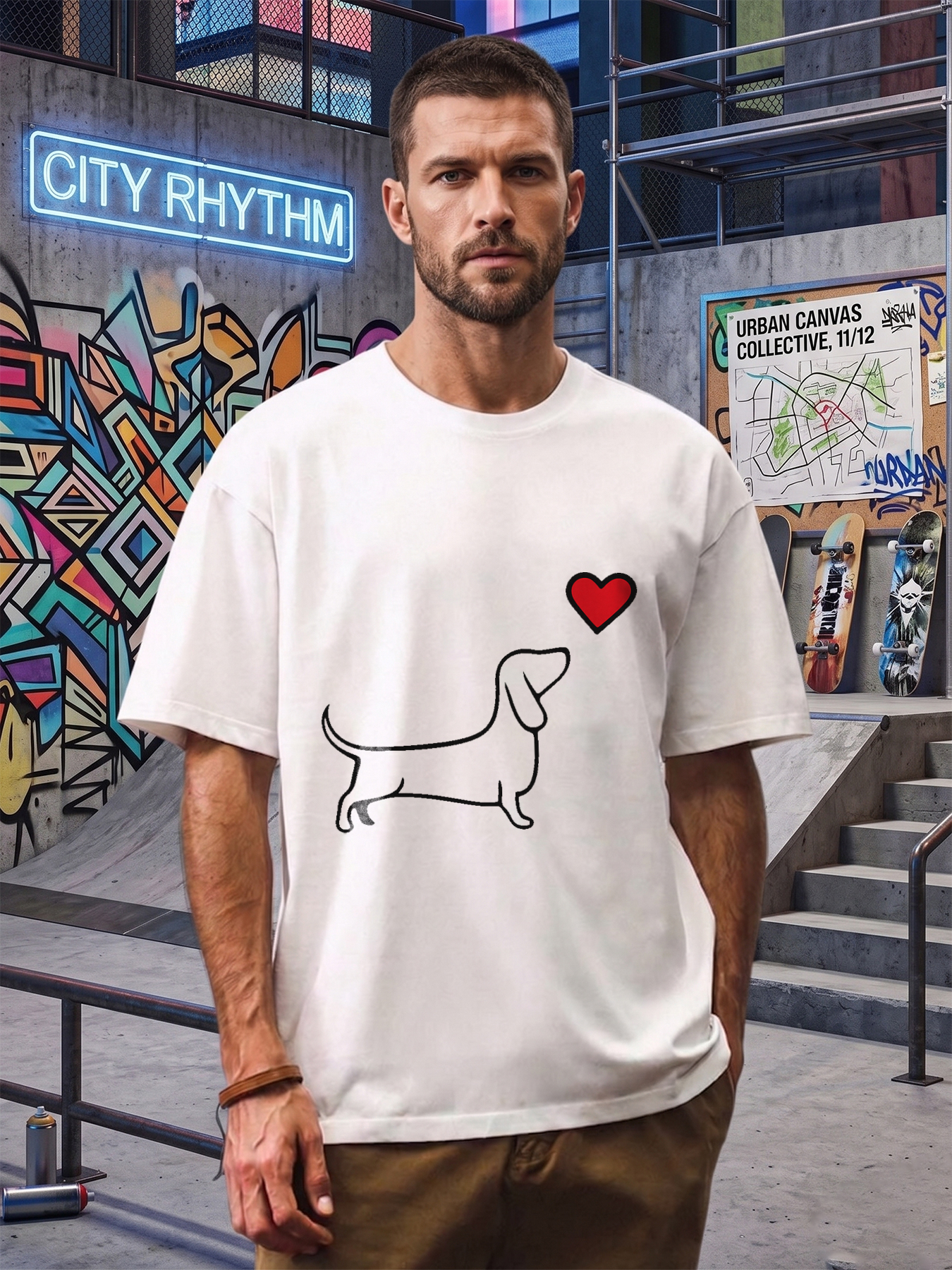 Men's Dachshund Dog Love Print T-Shirt Casual Round Neck Lightweight Breathable Summer Short Sleeve Tee for Dog Lovers and Pet Enthusiasts