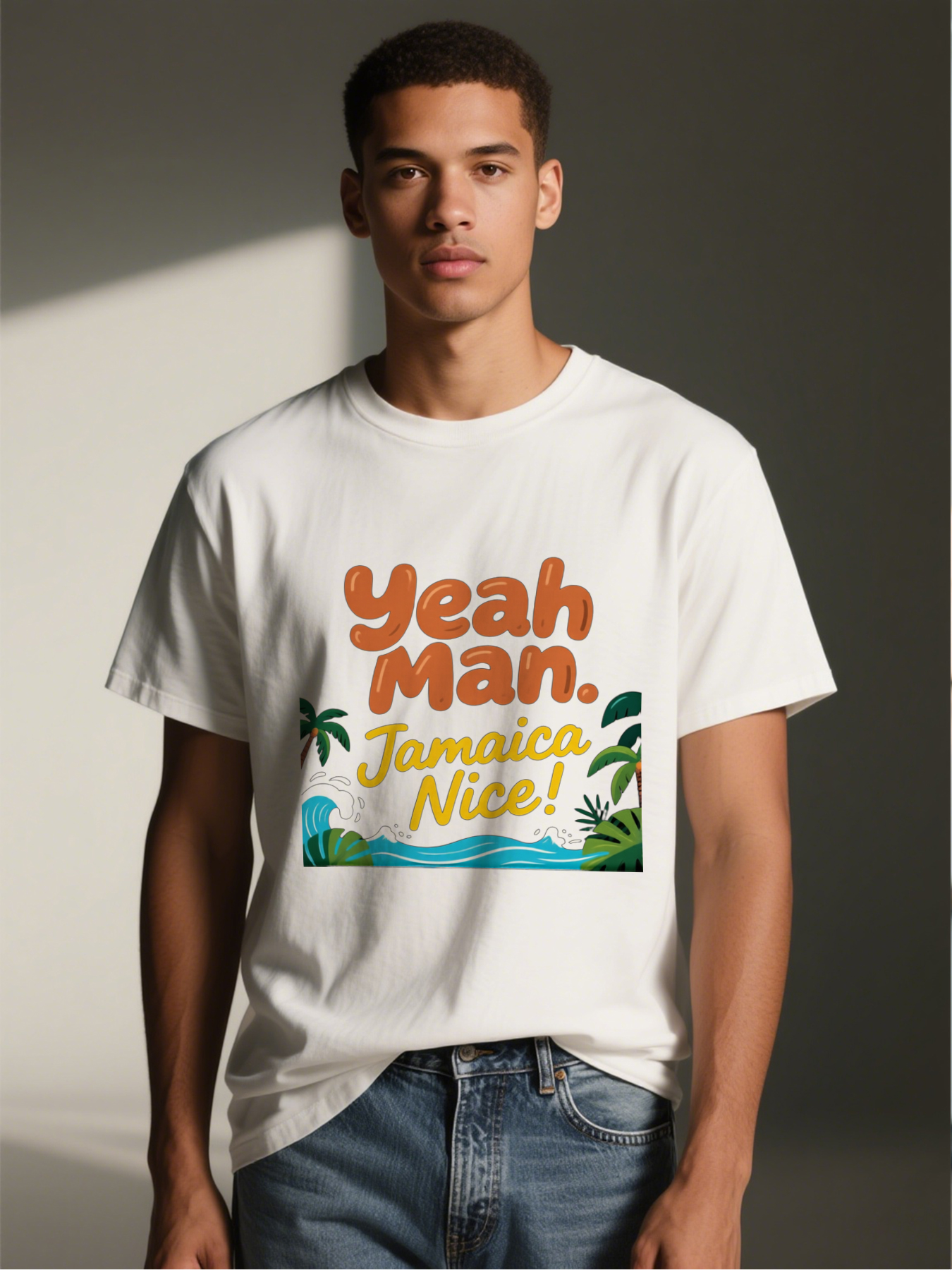 Men's Printed T-Shirt Yeah Man Jamaica Nice Tropical Palm Tree Wave Design Casual Round Neck Summer Lightweight Breathable Short Sleeve T-Shirt for Beach Vacation Travel Outdoors Men
