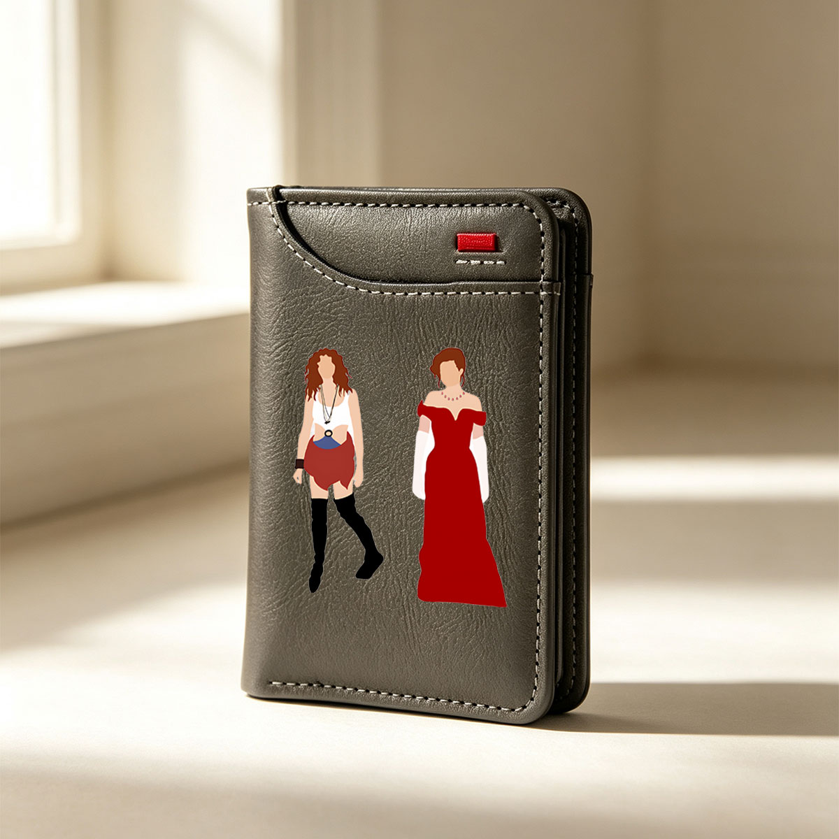 Two Women in Red Outfits: One in Casual Wear, One in Formal Gown - Vertical Style Wallet