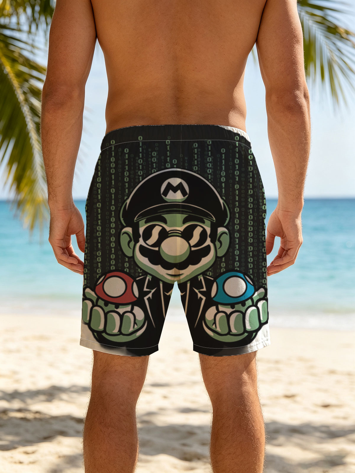 Mario in Matrix Code with Red and Blue Mushrooms -  Beach shorts