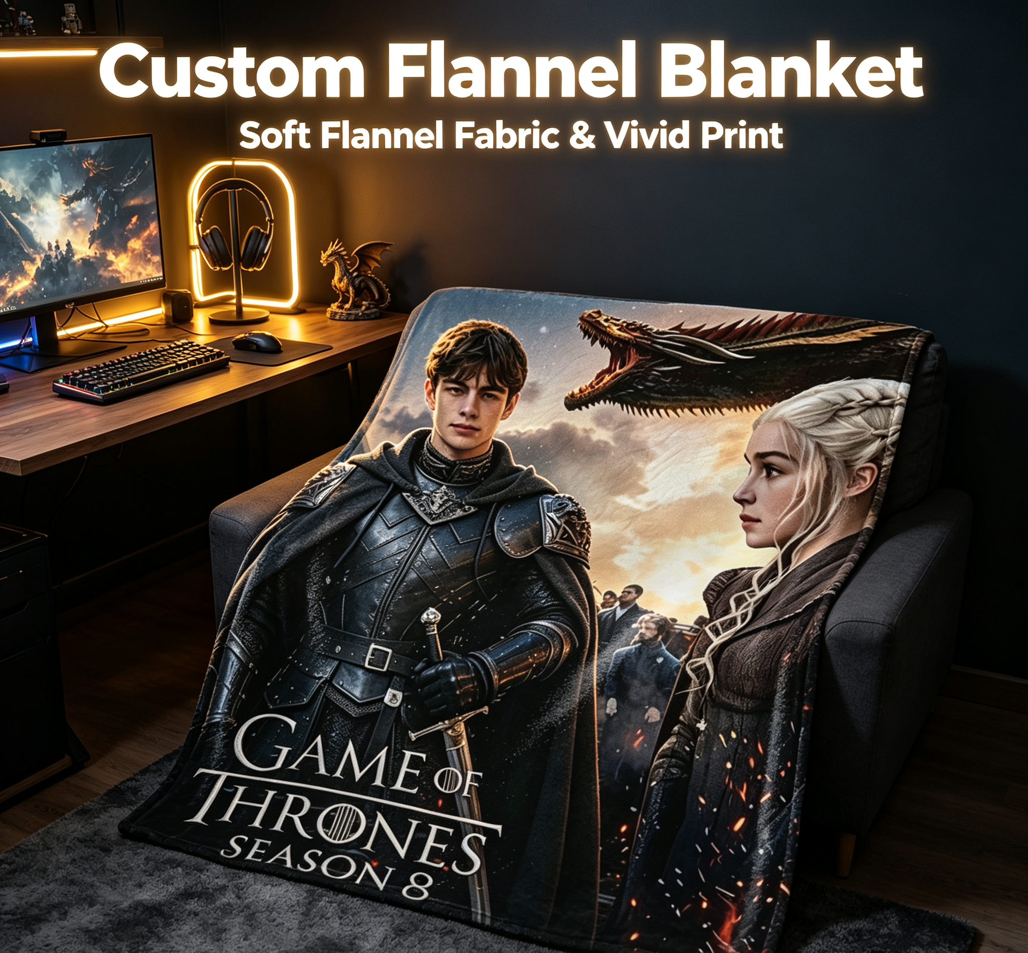 Custom Face Blanket Game of Thrones Season 8 Flannel Blanket for Couch, Bed, or Travel – Perfect Gift or Giveaway for Fans