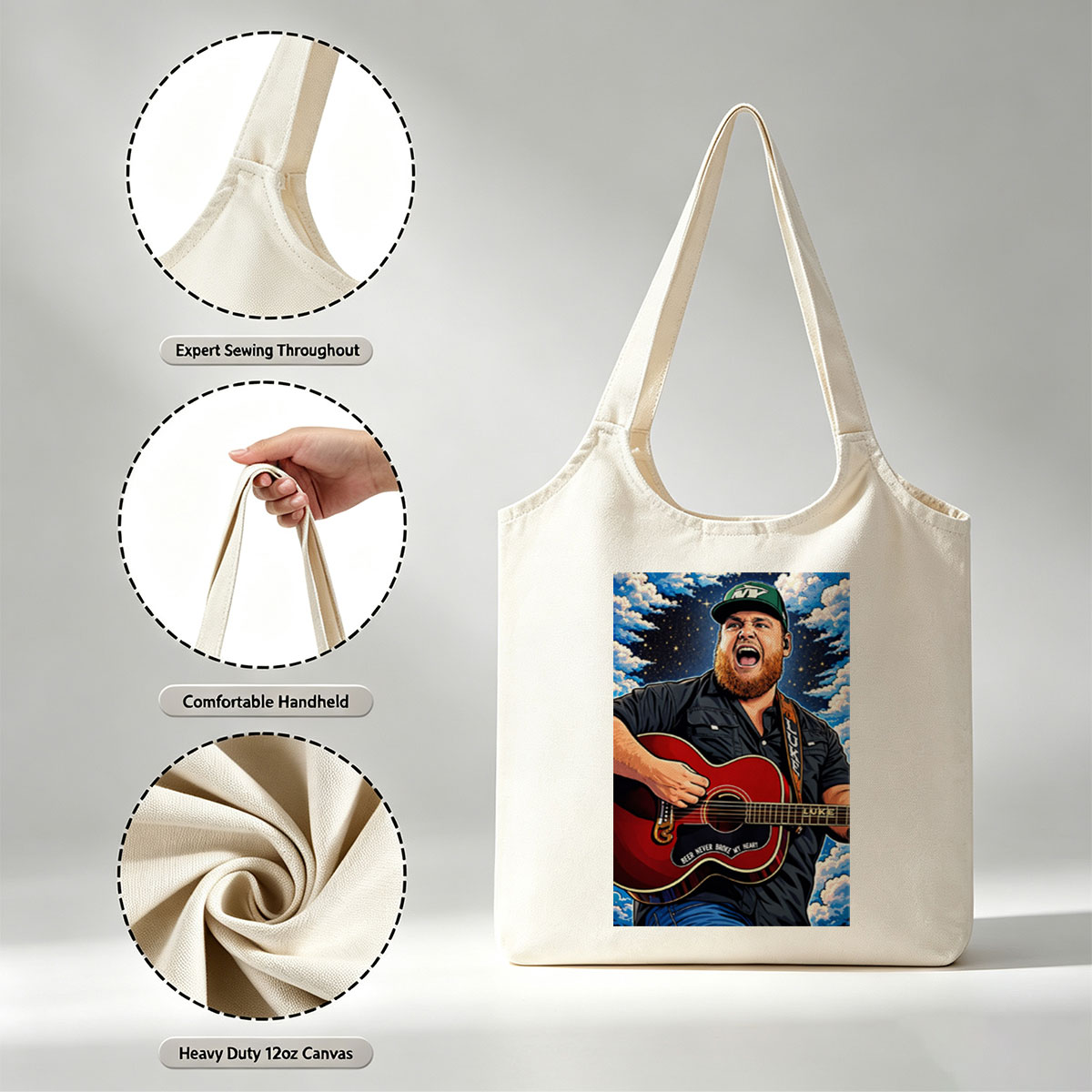 Luke Combs Singing with Acoustic Guitar Under Starry Sky - Canvas shoulder bags/