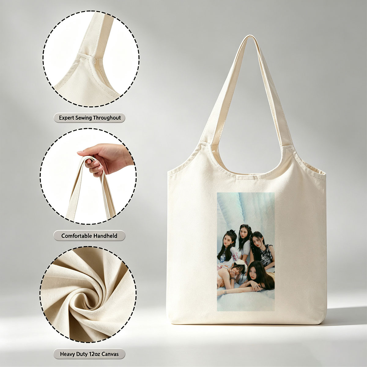 NewJeans Group Photo on Soft Blue Background with Casual Outfits and Relaxed Poses - Canvas shoulder bags/