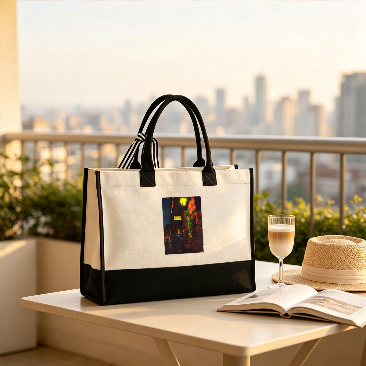 K.West Alley Night Scene with Guitarist - Canvas patchwork gift tote bag