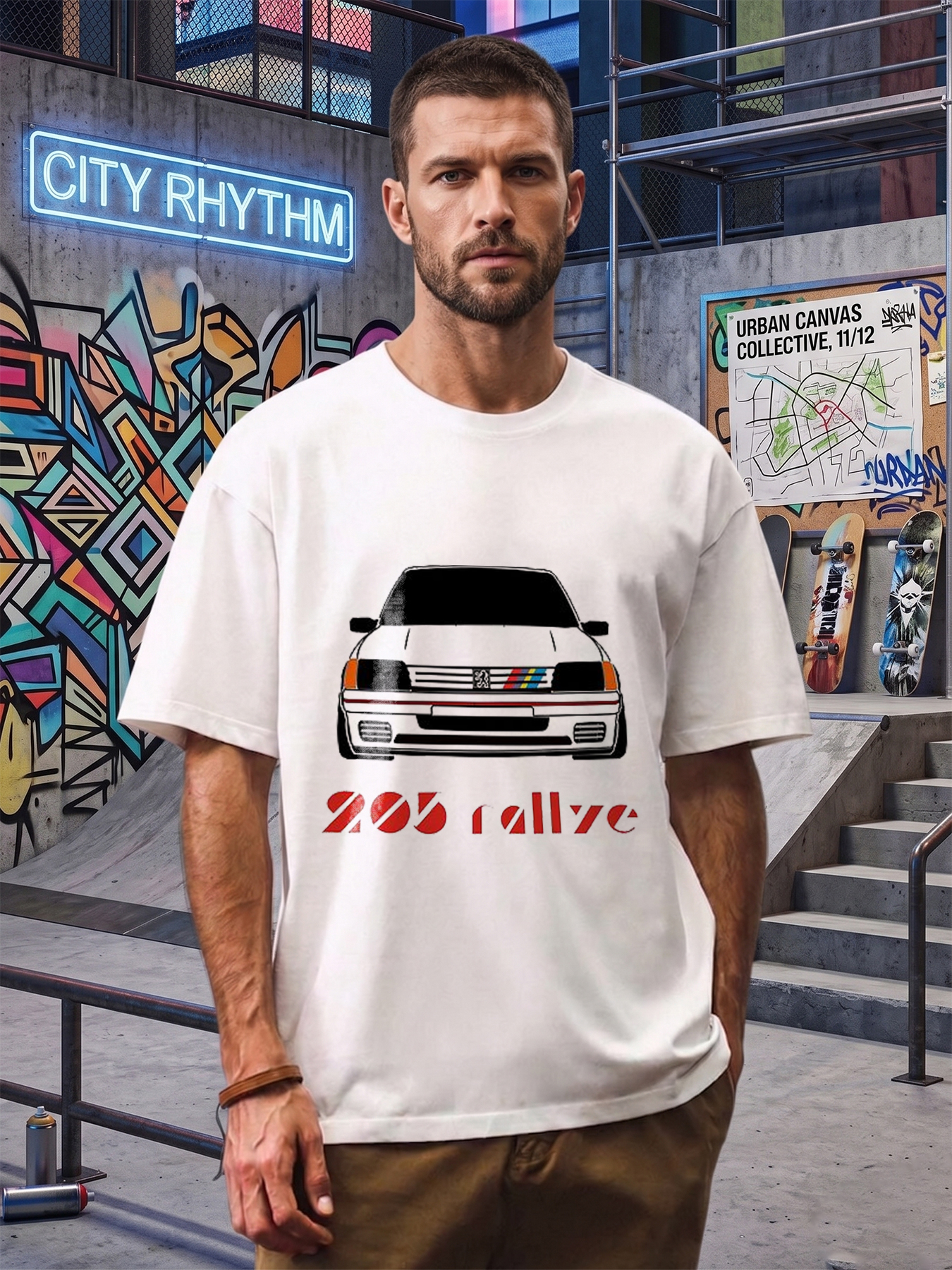 Men's Printed T-Shirt Featuring 205 Rallye Car Graphic and Text, Casual Round Neck Summer Lightweight Breathable Short Sleeve T-Shirt for Car Enthusiasts and Motorsport Fans