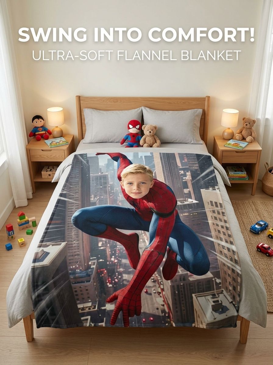 Custom Face Superhero Flannel Blanket Personalized Photo Soft Plush Throw for Kids Bed Couch Cozy Birthday Gift
