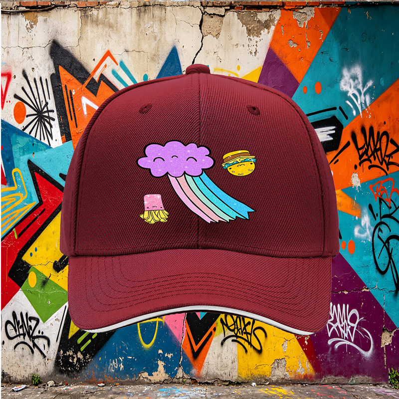 Unisex Classic Sandwich Hat with Kawaii Rainbow Cloud, Happy Burger & Fries Print – Perfect for Casual Outings, Festivals, and Daily Wear – Ideal for Teens and Young Adults Loving Fun Food-Themed Fashion