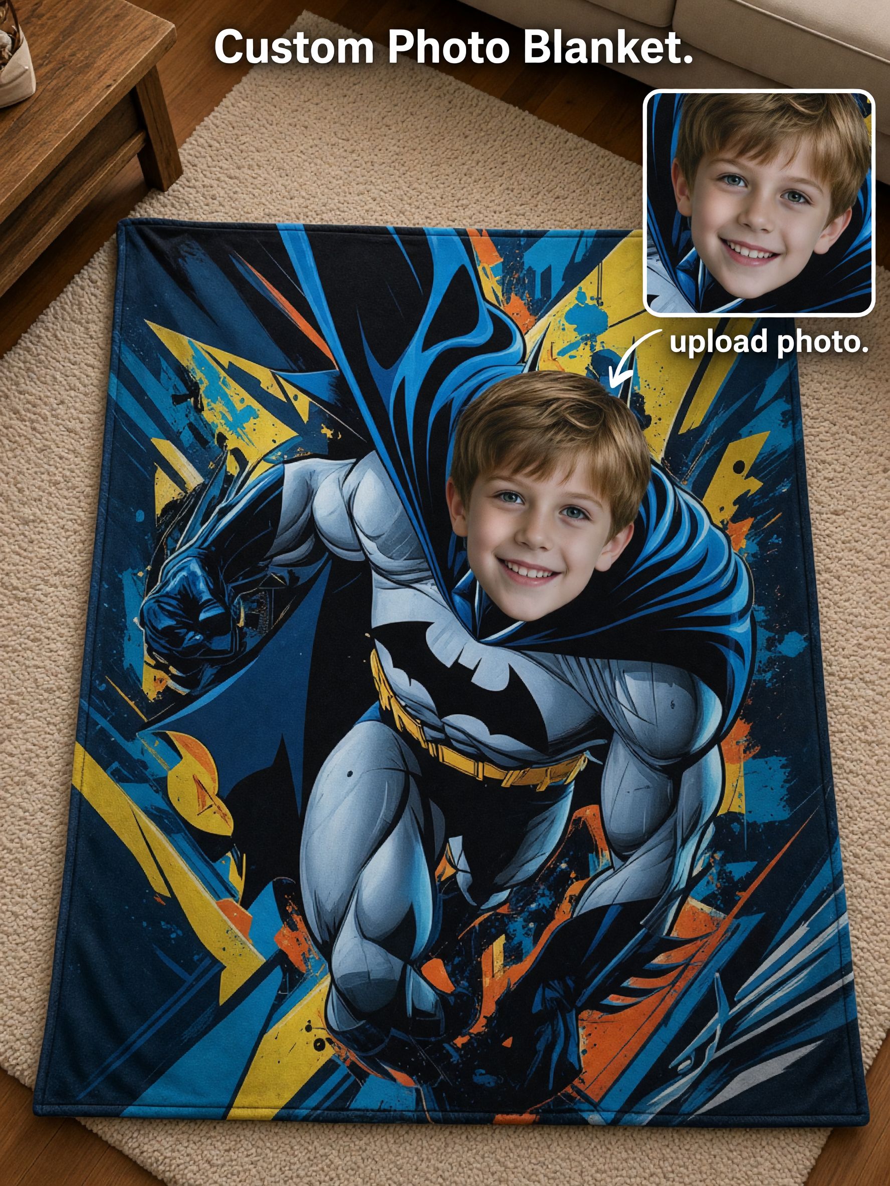 Personalized Face Blanket Custom Comic Superhero Flannel Throw Anti-Pilling Ultra Soft Plush Bed Sofa Gift