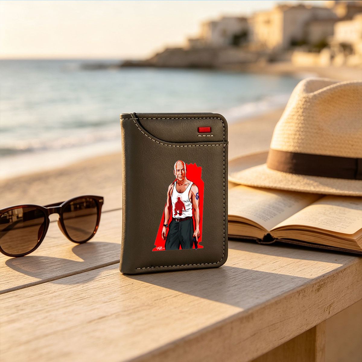 Bruce Willis as John McClane in Die Hard, wearing a tank top with a red silhouette and holding a gun, set against a bold red background. - Vertical Style Wallet