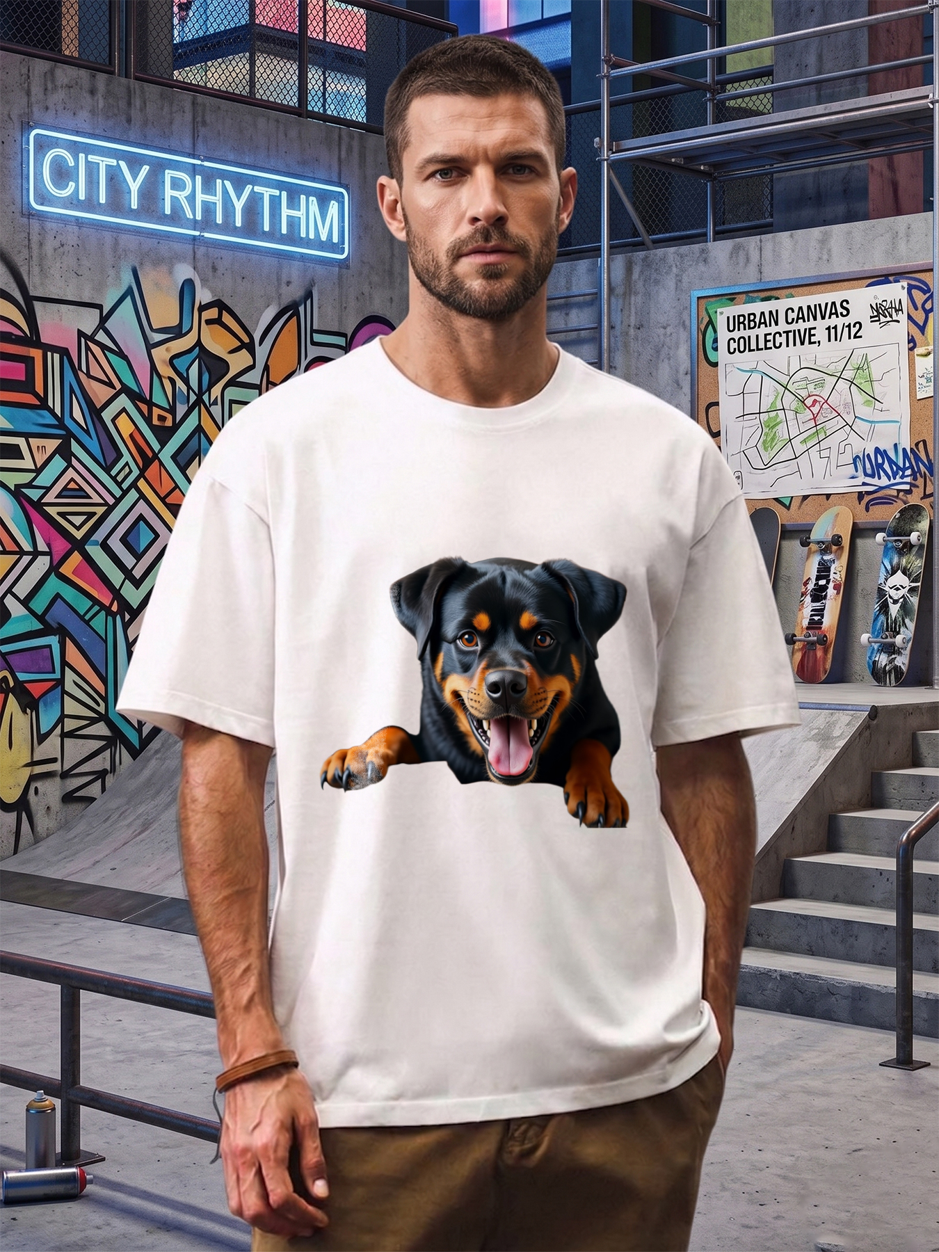 Men's Printed T-Shirt Featuring Rottweiler Dog Face Design, Casual Round Neck Lightweight Breathable Summer Short Sleeve Tee for Dog Lovers and Pet Enthusiasts