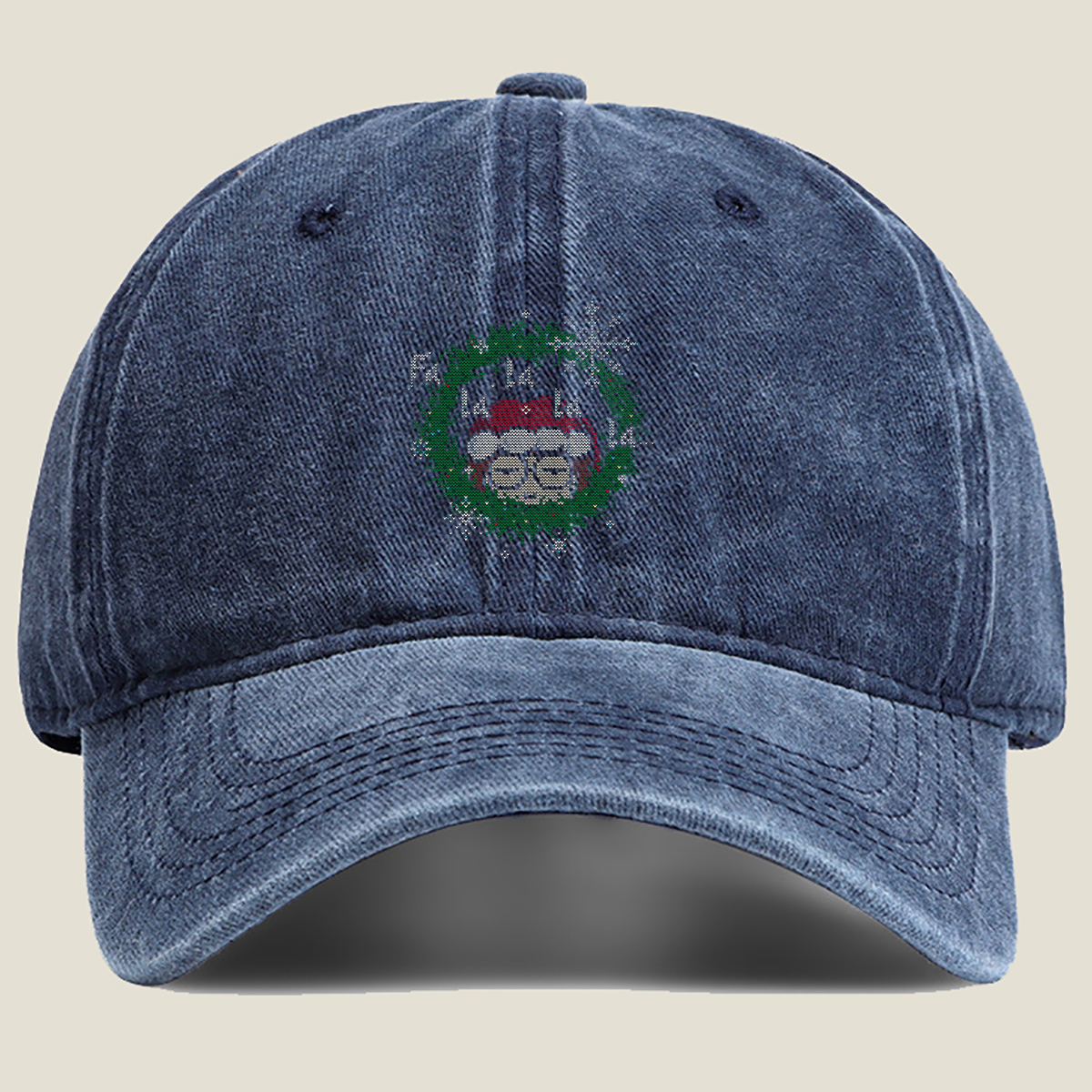 Santa Claus in a Christmas Wreath - Washed Denim - Baseball Cap