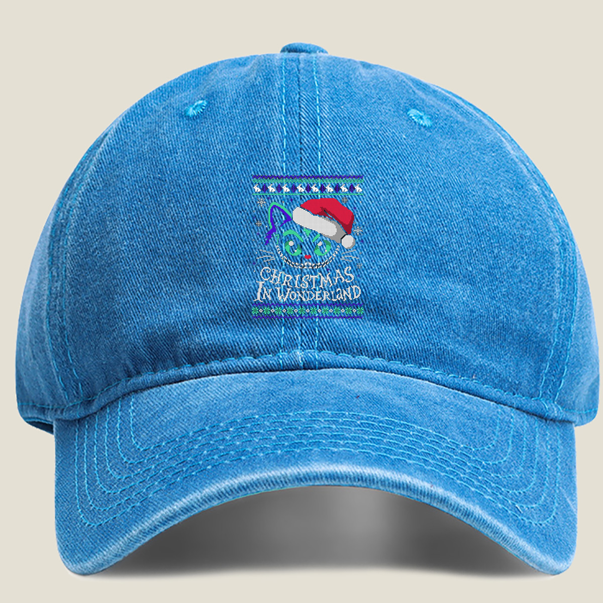 Christmas in Wonderland: Cheshire Cat Ugly Sweater Design - Washed Denim - Baseball Cap