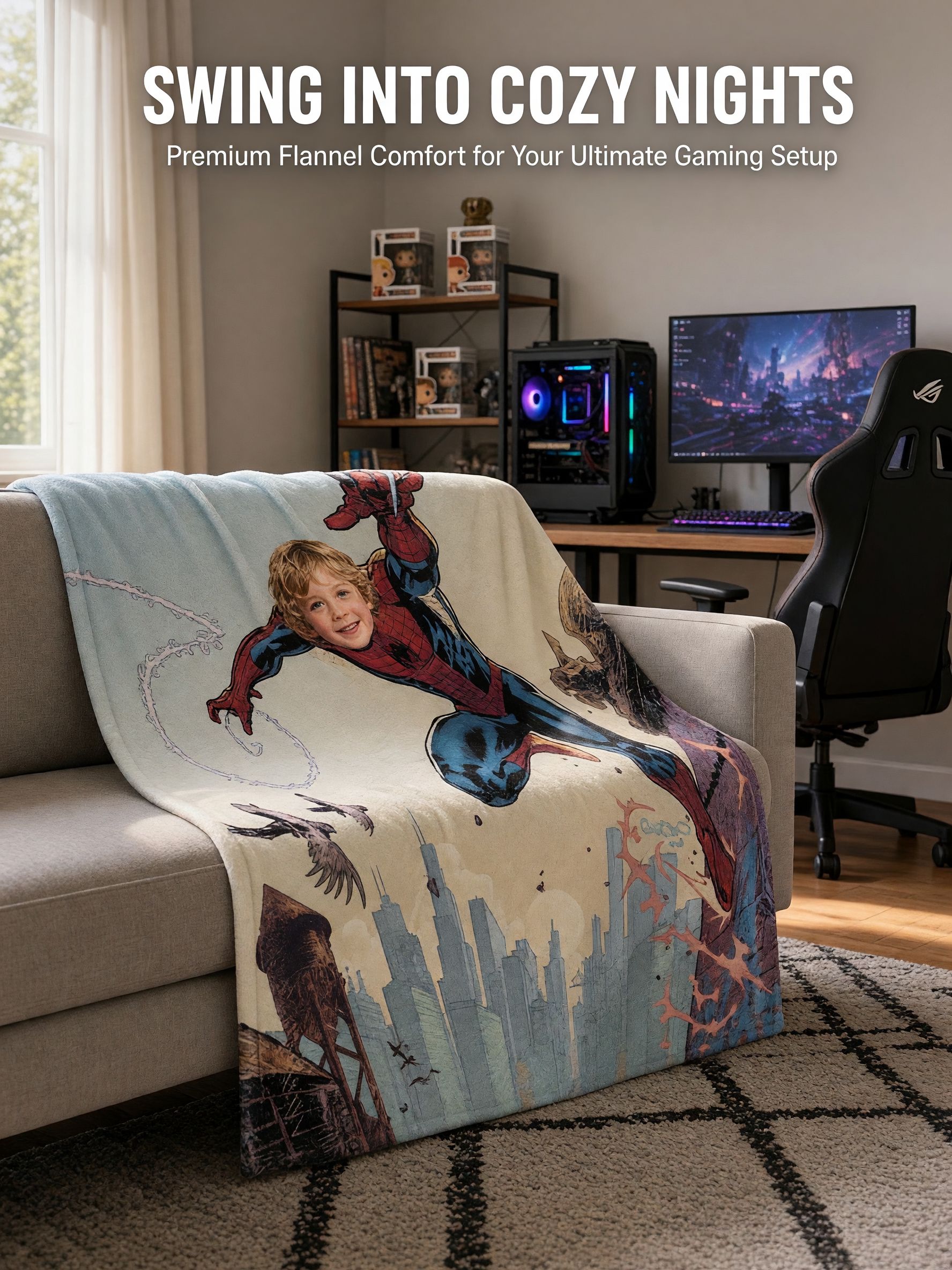Custom Face Photo Superhero Blanket, Ultra Soft Flannel Comic City Throw, Ideal Personalized Gift for Kids and Fans