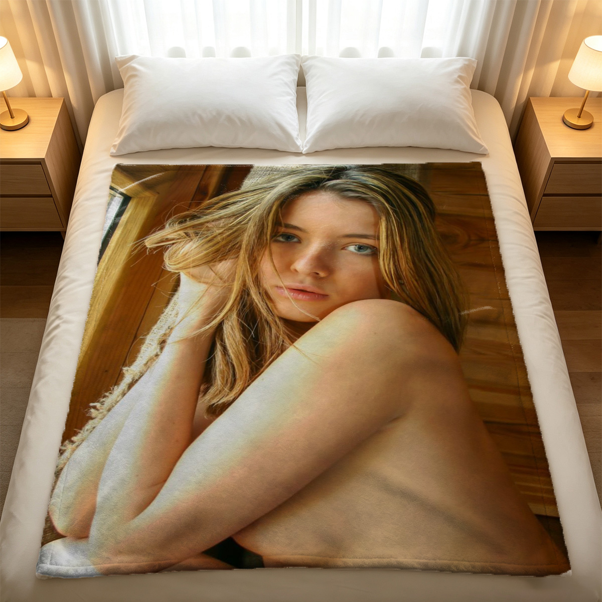 Blonde woman in light blue lingerie posing on purple couch. - Blanket