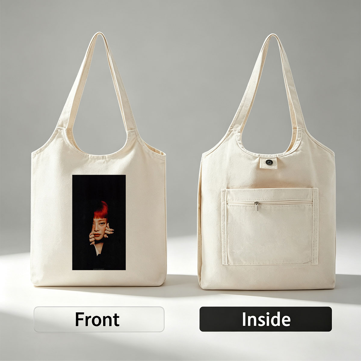Rihanna in Dramatic Portrait with Red Hair and Bold Makeup - Canvas shoulder bags/