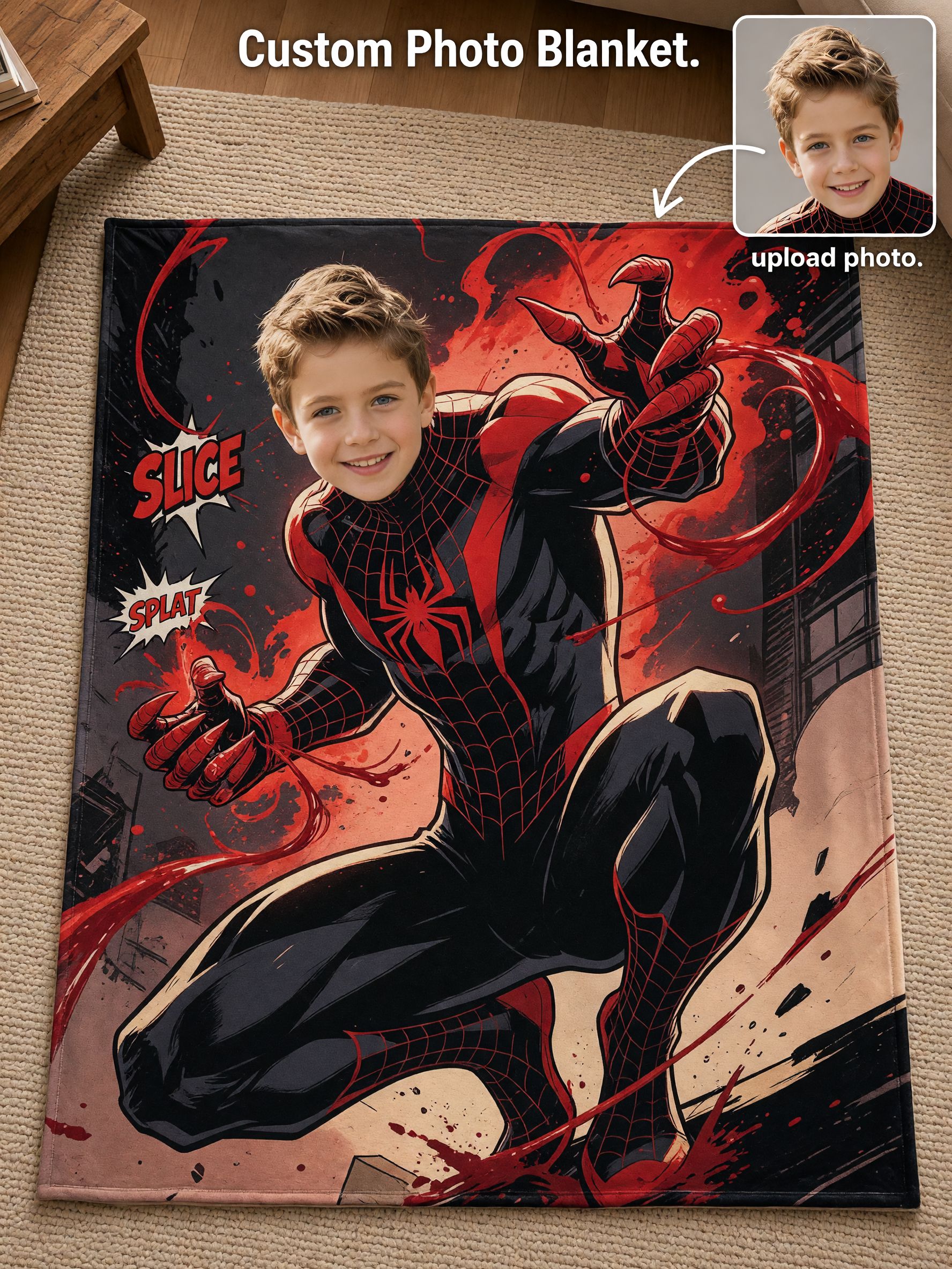 Custom Photo Superhero Blanket, Personalized Face Flannel Fleece Throw, Cozy Comic Gift for Kids and Superhero Fans