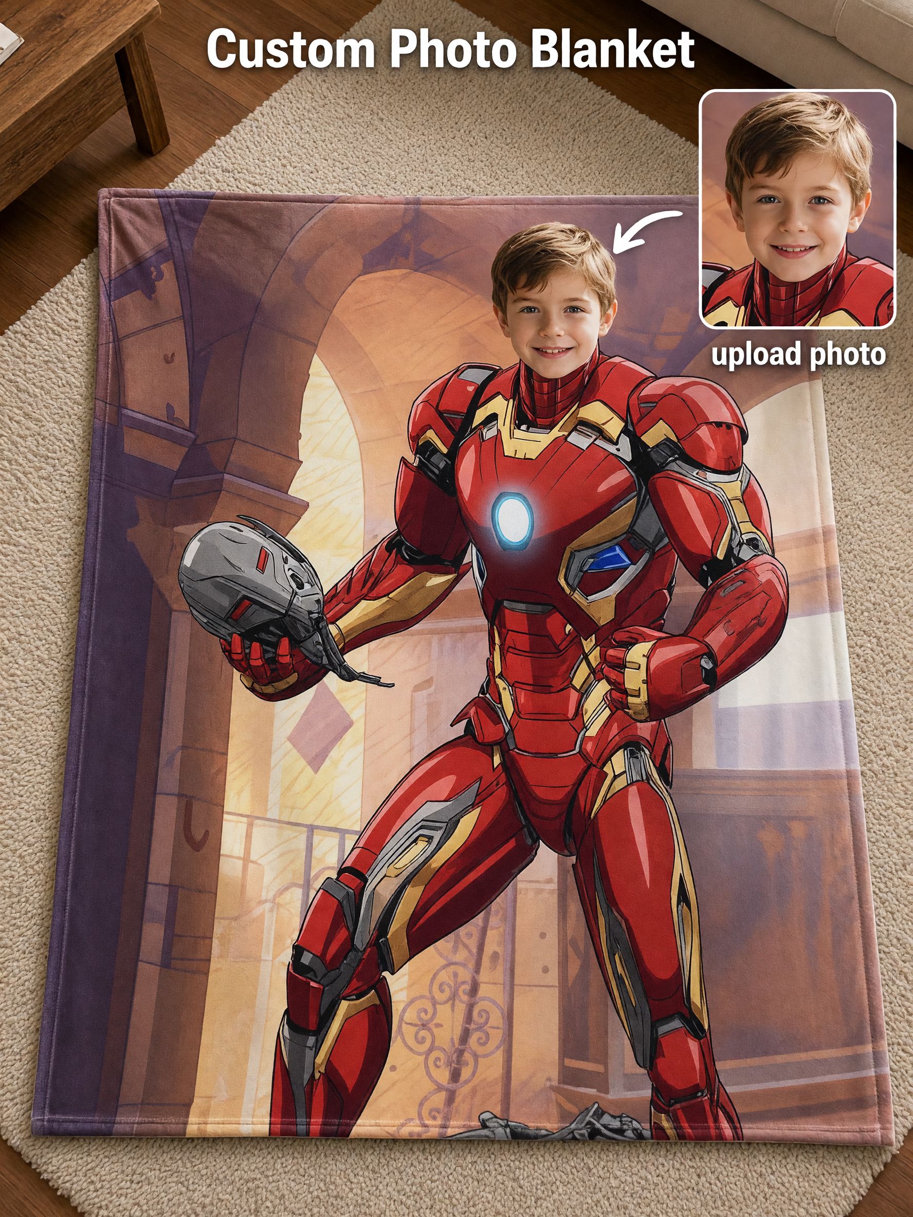 Custom Face Superhero Blanket, Personalized Photo Plush Flannel Throw, Cozy Skin-Friendly Armor Gift for Boys & Fans
