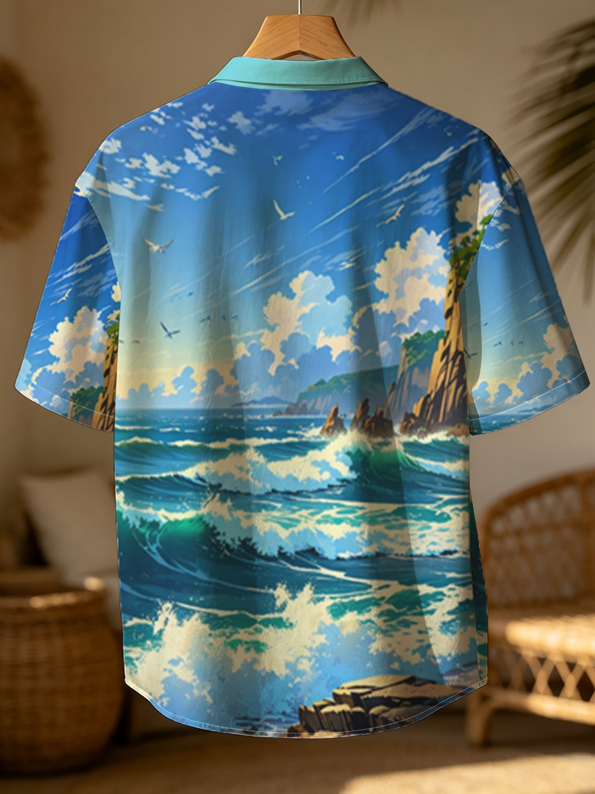 Ocean Waves Crashing Against Rocky Coastline Under Blue Sky -  Shirt