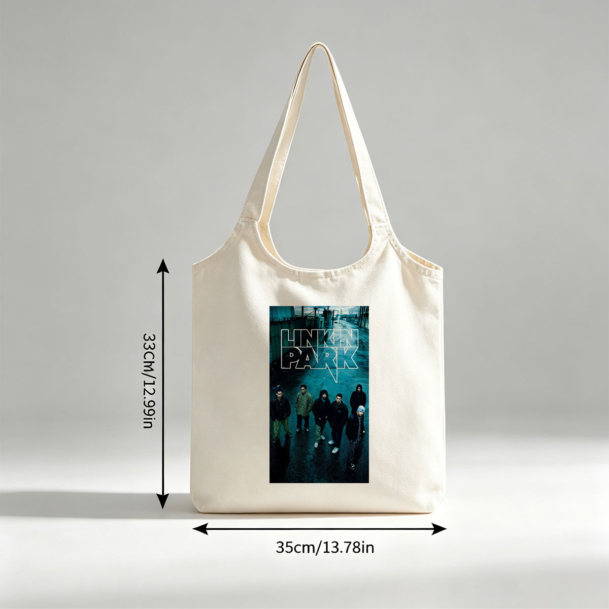 Linkin Park Band Standing in a Rainy Industrial Alleyway with Bold Logo Overlay - Canvas shoulder bags/