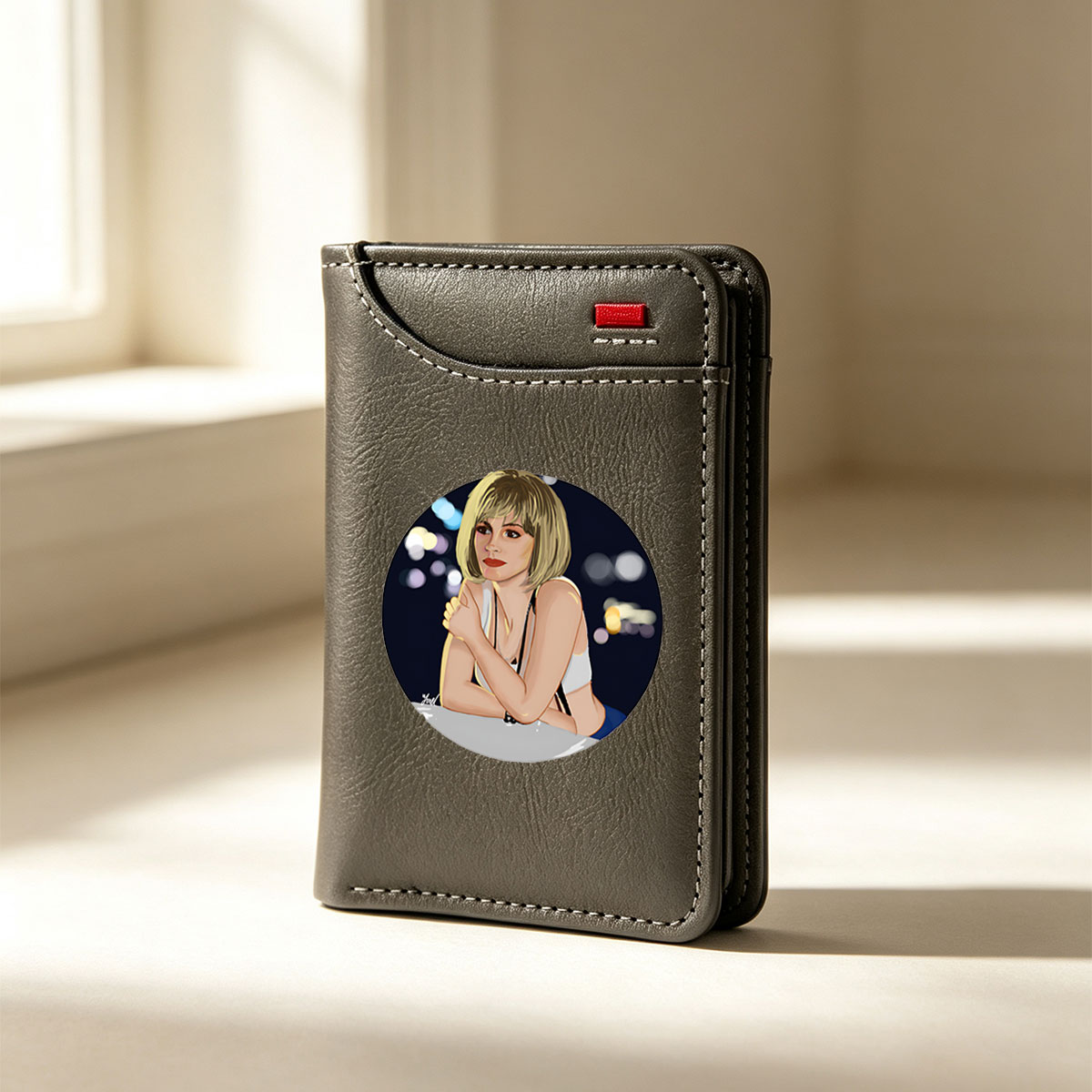 Miley Cyrus in a stylish pose with a cityscape background - Vertical Style Wallet