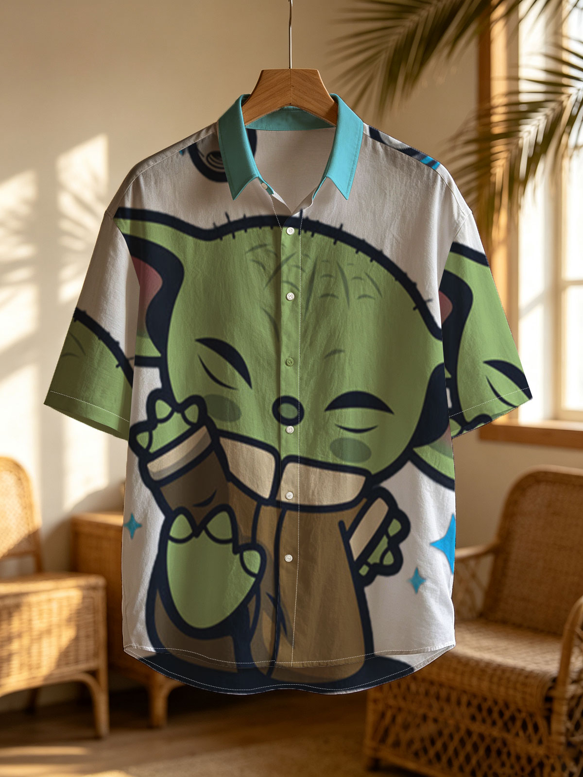 Baby Yoda Hugging a Cup with Stars and Droid in Background -  Shirt