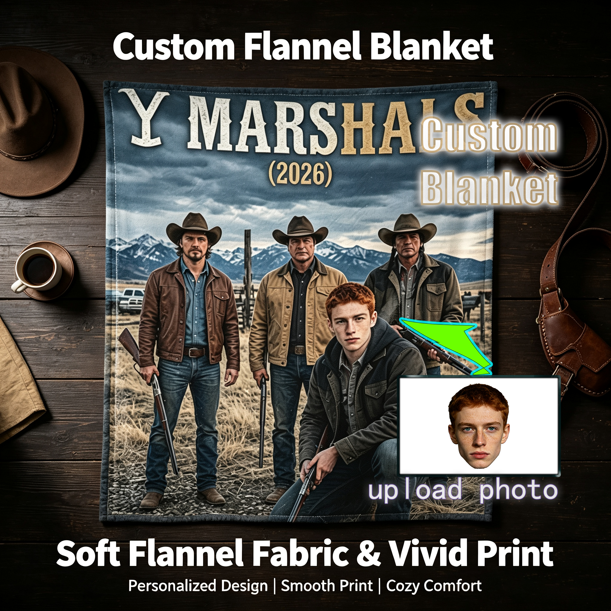 Custom Face Blanket Yellowstone Marshals Movie Inspired Flannel Blanket Cozy Western Theme Perfect for Home Decor or Gift Giving