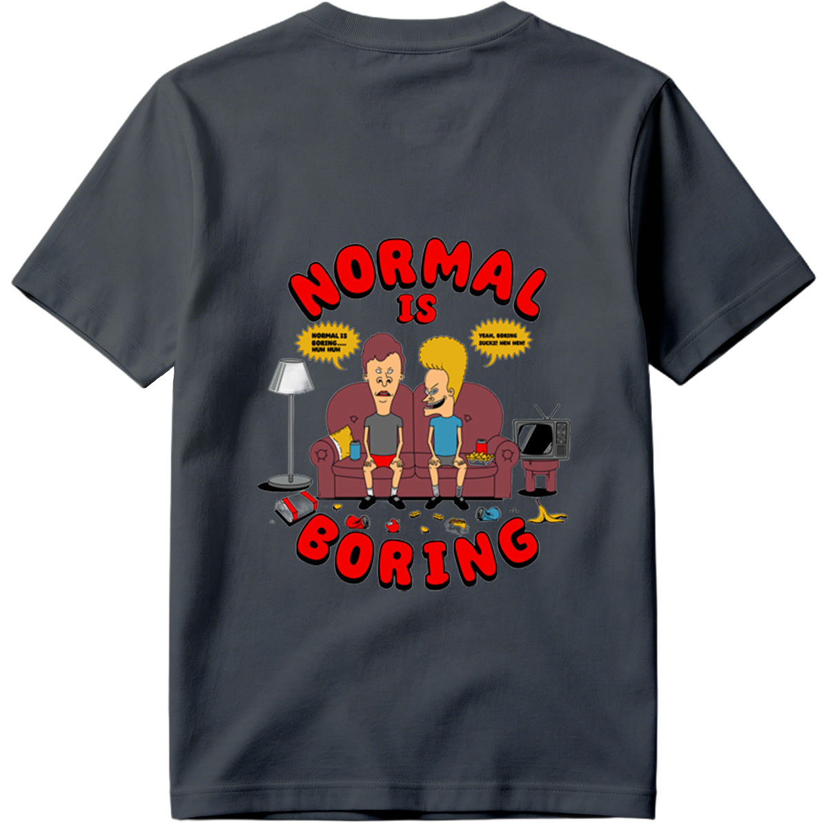 Normal Is Boring: Two Cartoon Characters on Couch with Chaos Around - Tee