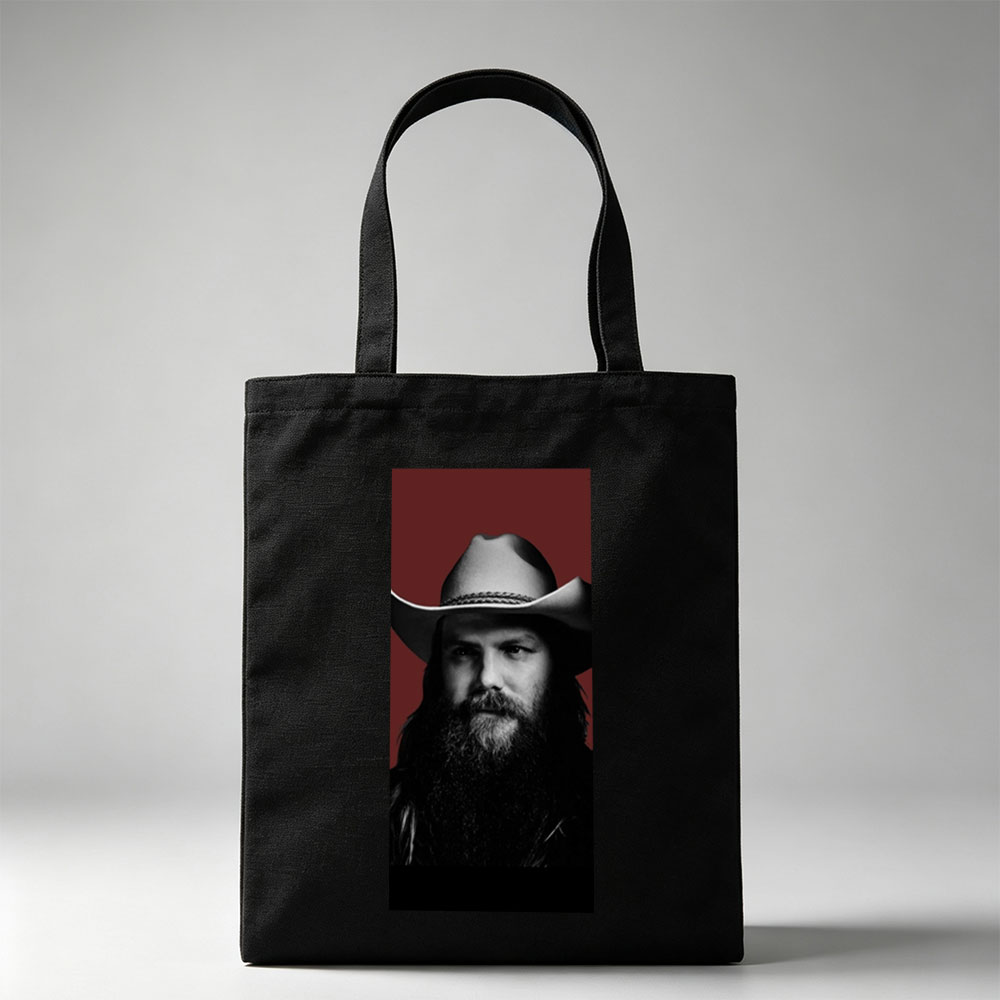 Chris Stapleton in a Cowboy Hat with a Bearded Portrait Against a Red Background - Canvas tote bags