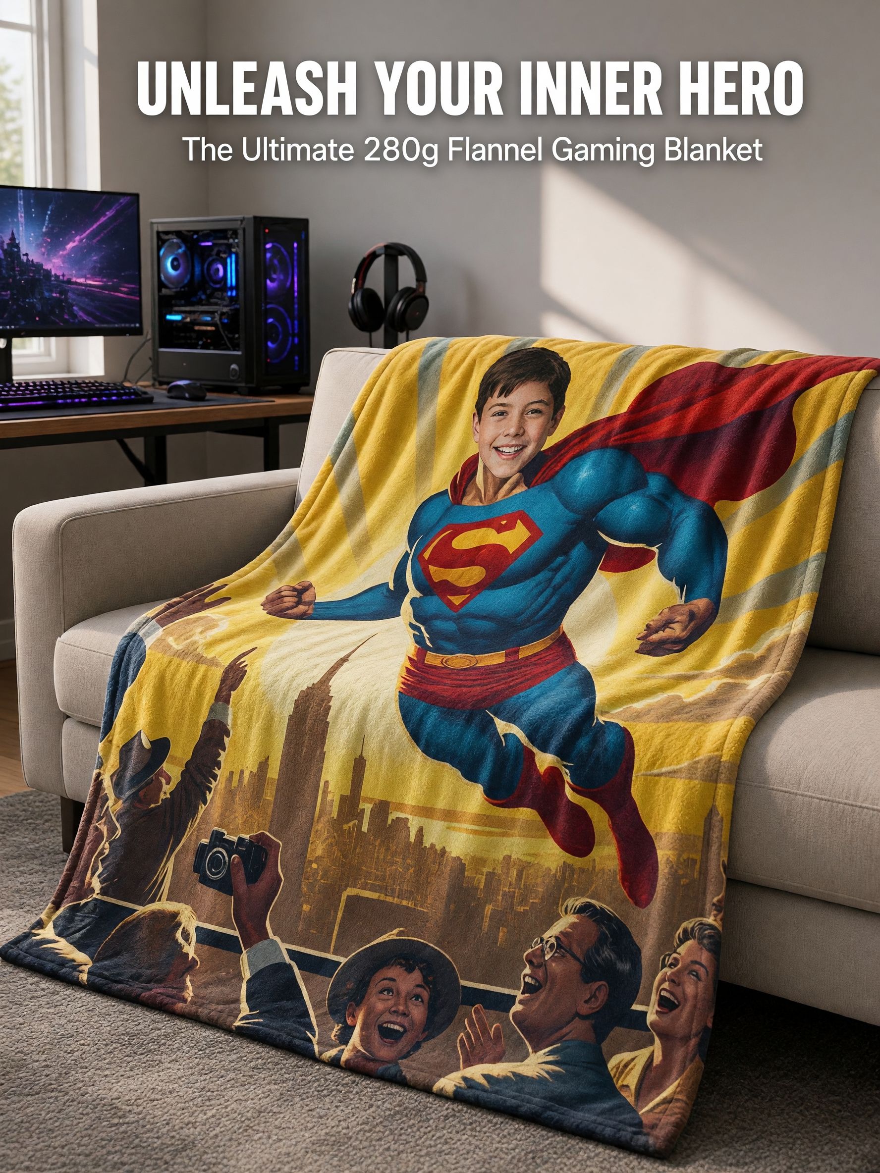 Custom Photo Superhero Blanket Personalized Face Velvet Flannel Fleece Throw Soft Anti-Pilling Cozy Bed Couch Keepsake