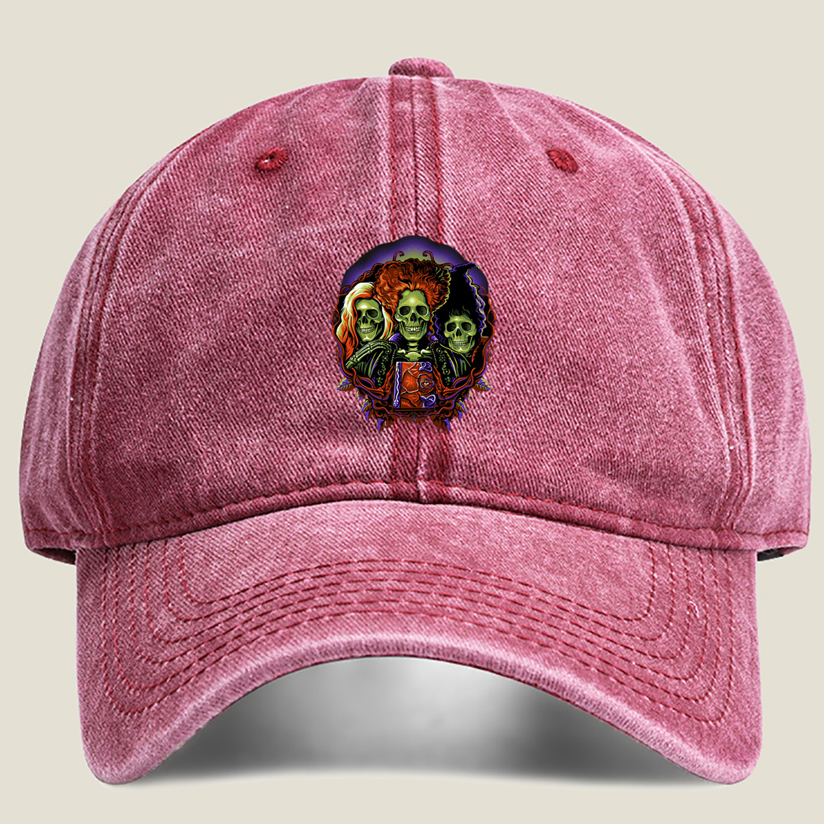 Three Skulls with Vibrant Hair and Ornate Design - Washed Denim - Baseball Cap