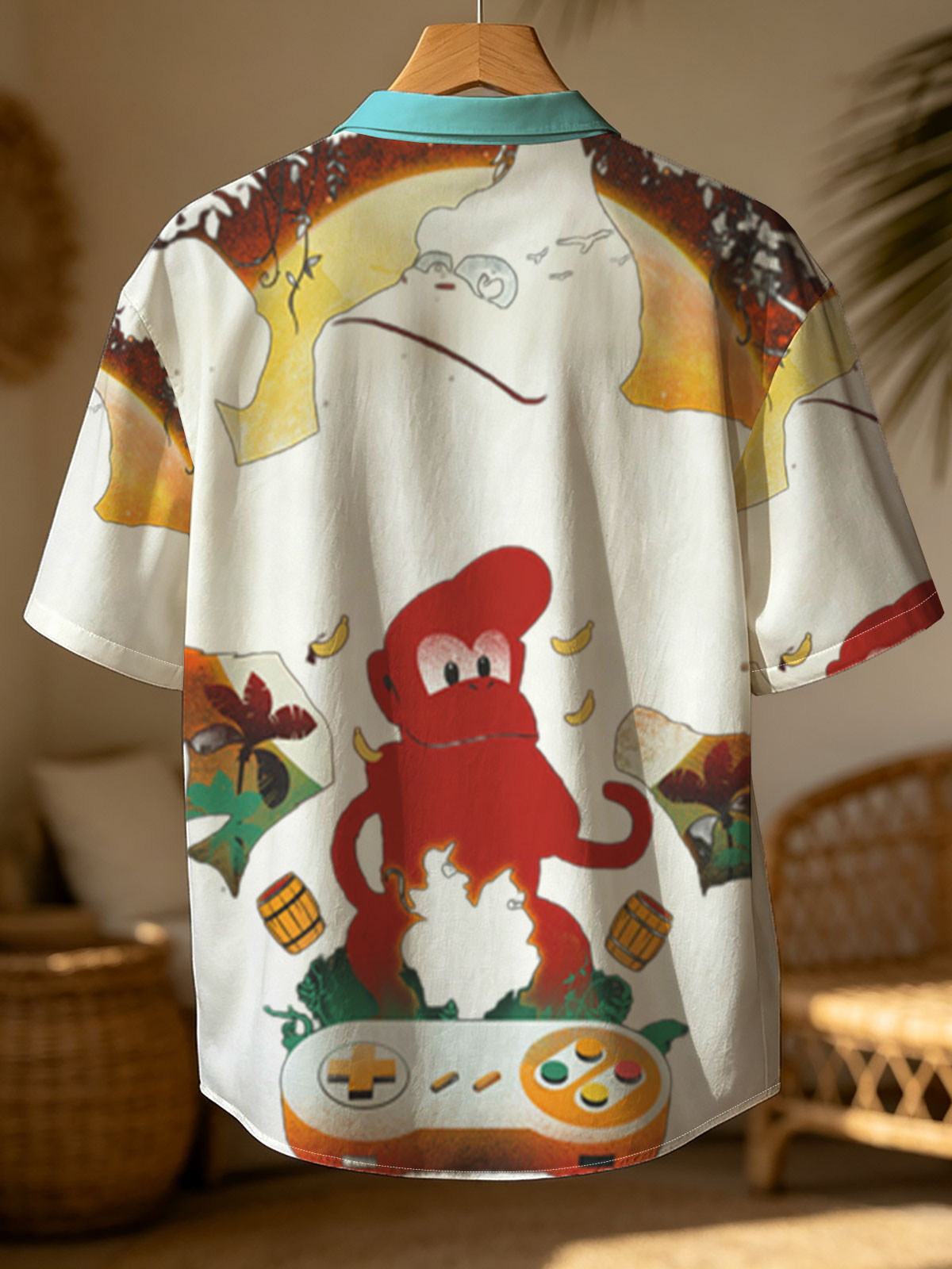 Diddy Kong and Donkey Kong in a jungle scene with a Nintendo 64 controller, featuring bananas and barrels. -  Shirt