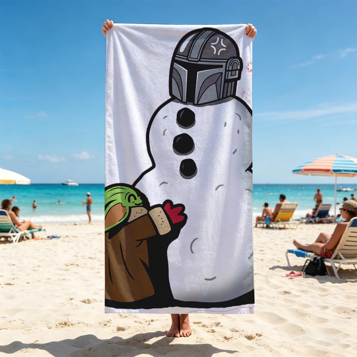 Baby Yoda Builds a Snowman with Mandalorian Helmet - Beach towels
