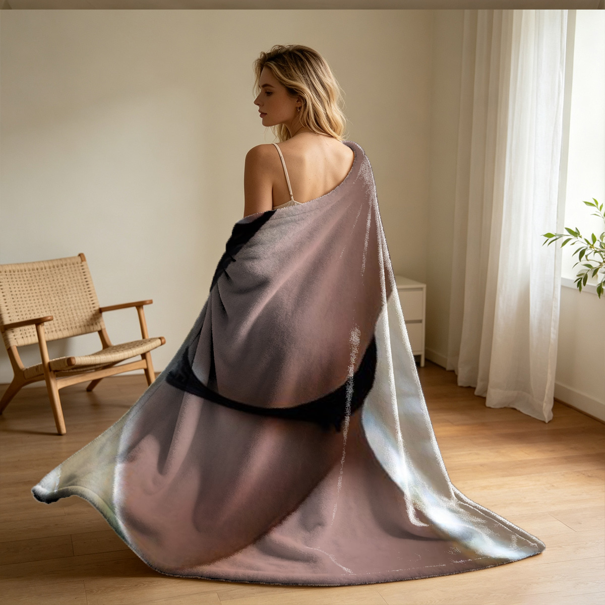 Sofia Vassilieva in a beige sweater lying on a patterned couch. - Blanket