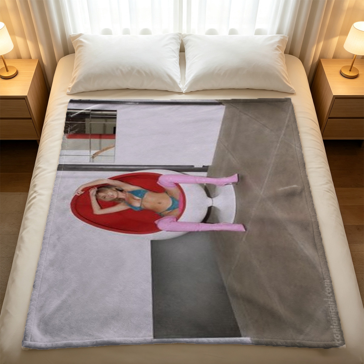 Aiko in black lace lingerie and pearl necklace kneeling on roulette table holding playing cards. - Blanket