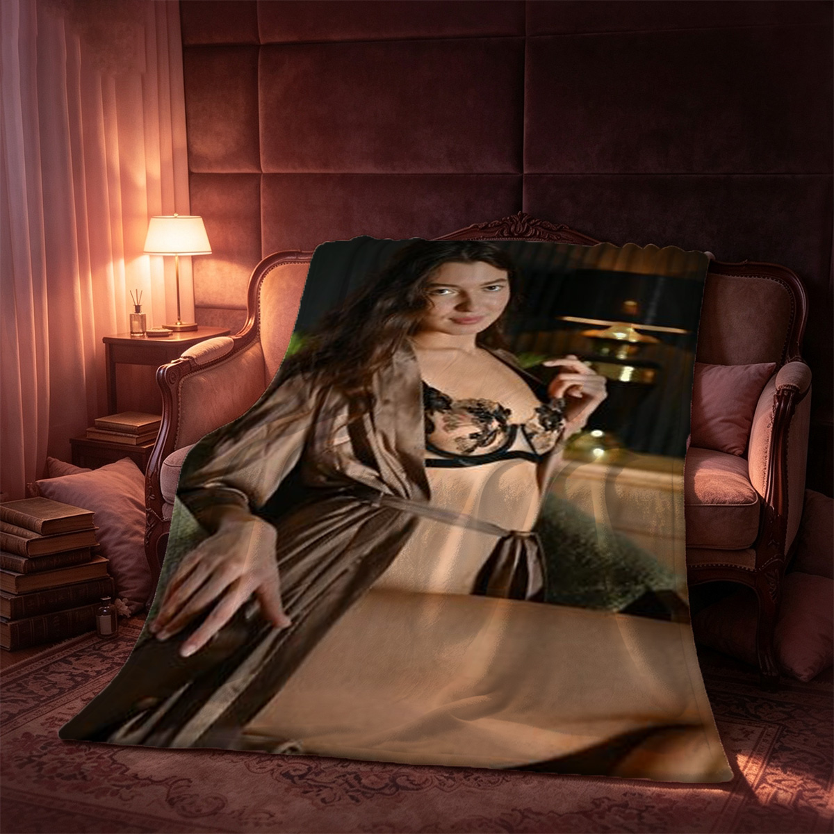Bride in white veil and sheer stockings kneeling on bed, topless covering breasts - Blanket