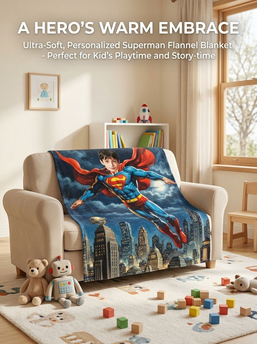Custom Superhero Face Photo Flannel Throw Blanket, Personalized Ultra Soft Cozy Fleece for Couch, Bed and Birthday Gift