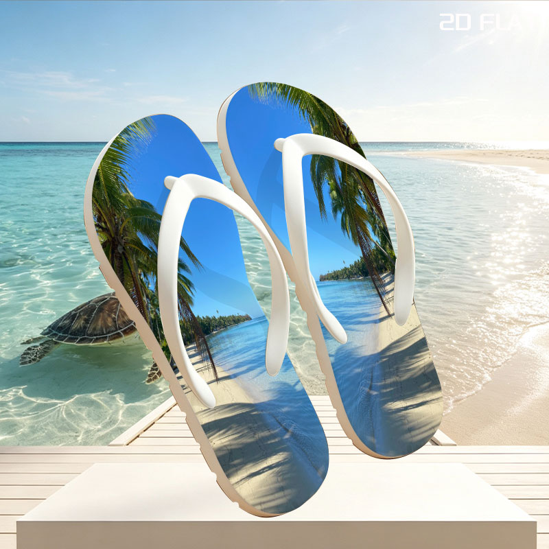 Tropical Beach with Palm Trees and Clear Blue Water -  flip-flops