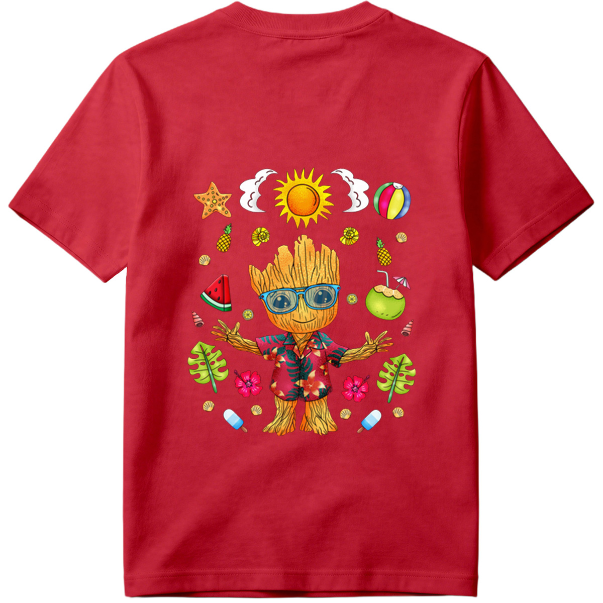 Groot in Hawaiian Shirt with Summer Elements - Tee