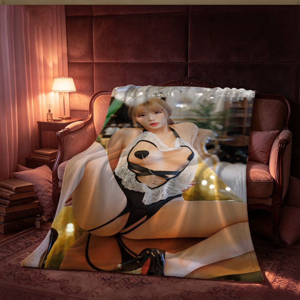 Nude Blonde in Red Skirt Pulled Down - Blanket