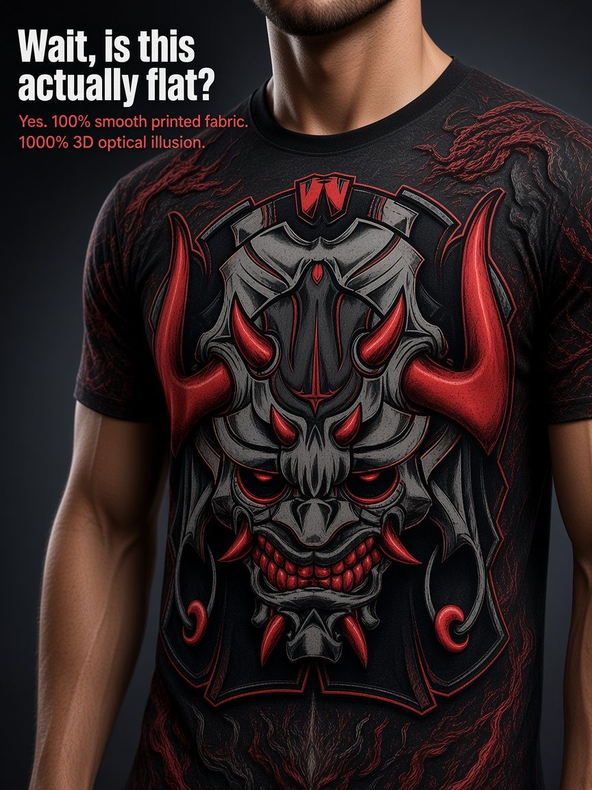 Japanese Oni Demon 3D Optical Illusion Graphic Tee Breathable Athletic Mesh T-Shirt Casual and Sports Wear