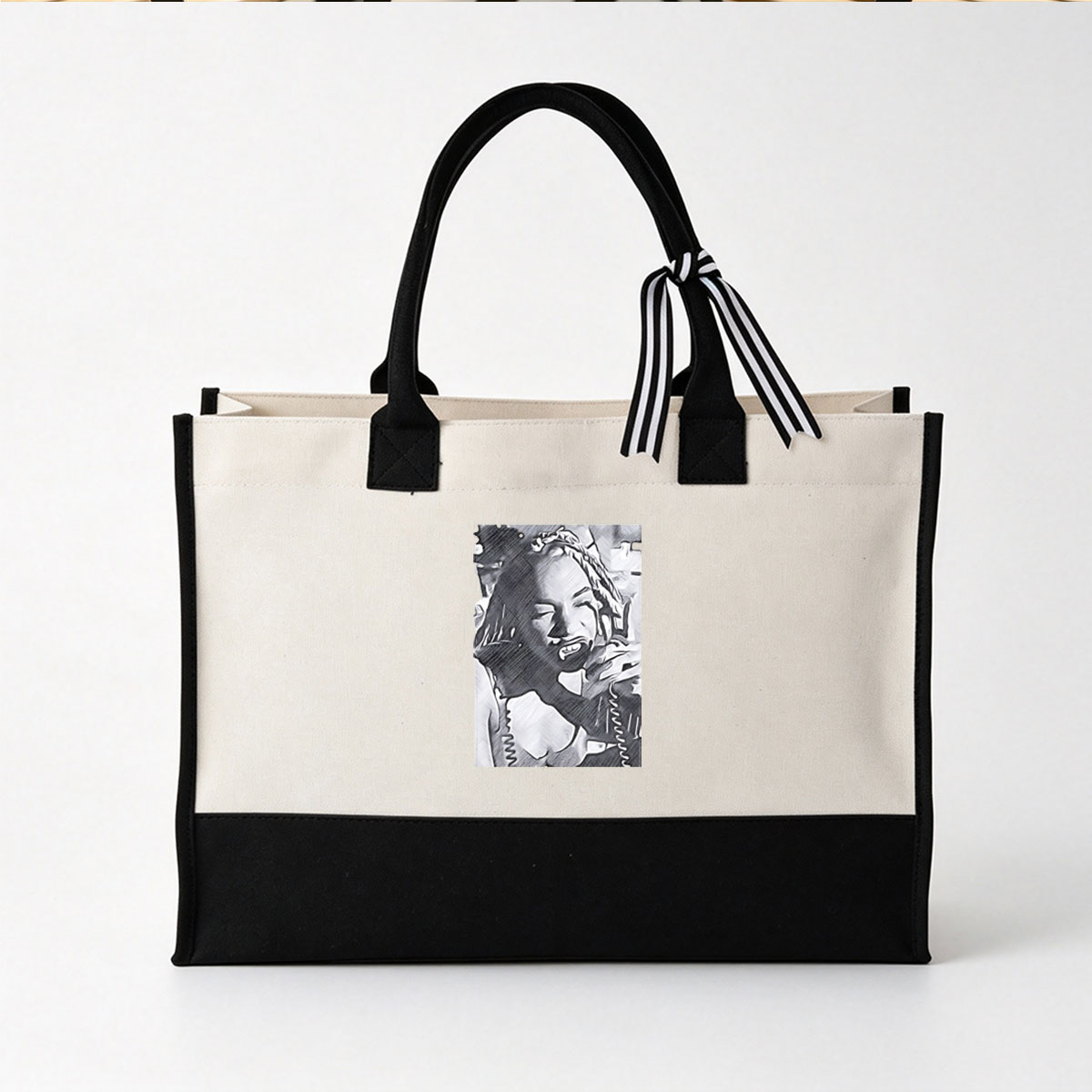 Woman Laughing with Braided Hair and Headphones - Canvas patchwork gift tote bag