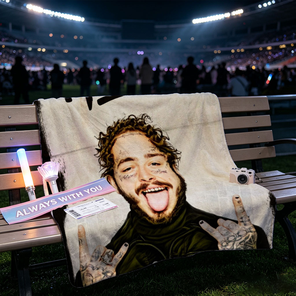 Post Malone Rocking the Peace Sign with Tongue Out in a Tattooed, Edgy Look - Blankets