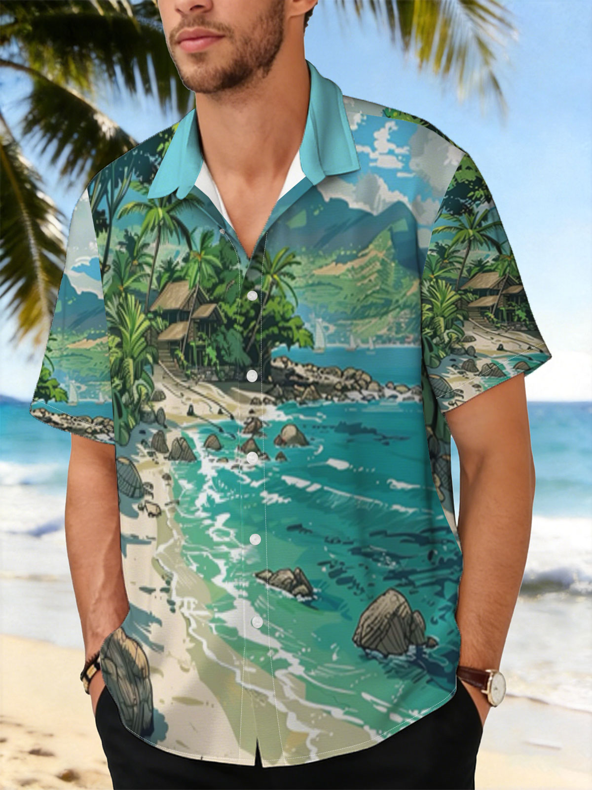 Tropical Beach with Lush Palm Trees and Crystal Clear Waters -  Shirt