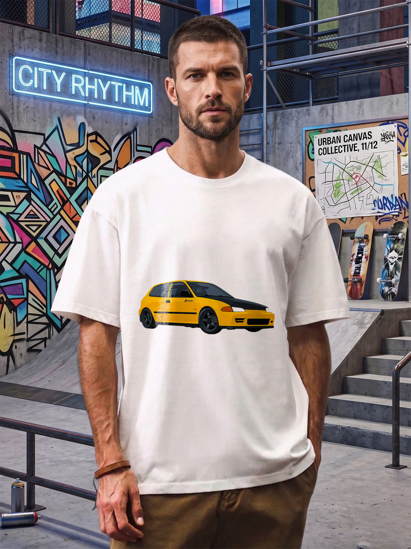 Men's Printed T-Shirt Yellow Sports Car Graphic Design Casual Round Neck Summer Lightweight Breathable Short Sleeve T-Shirt for Car Enthusiasts and Auto Lovers