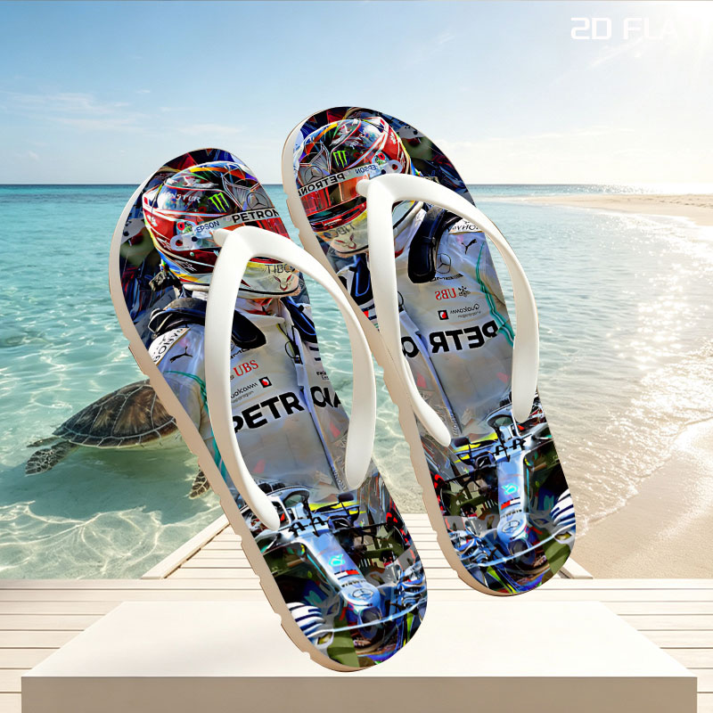 Lewis Hamilton in Mercedes F1 Racing Suit and Helmet, Petronas Sponsorship, Artistic Collage Style -  flip-flops