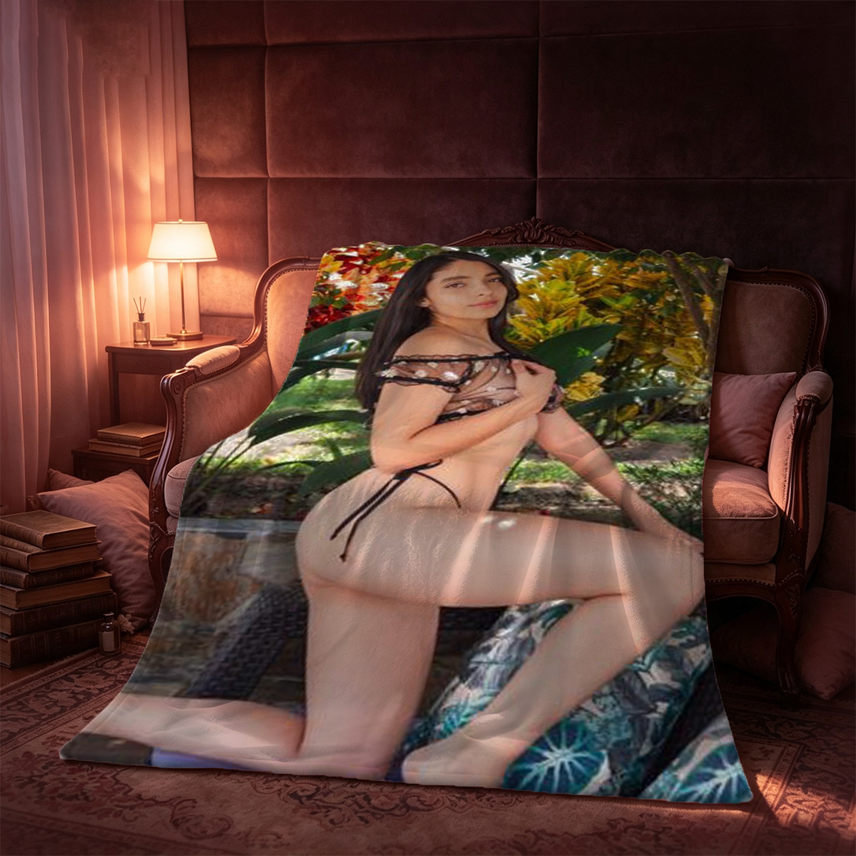 Young woman in black embellished bikini kneeling on bed by window. - Blanket
