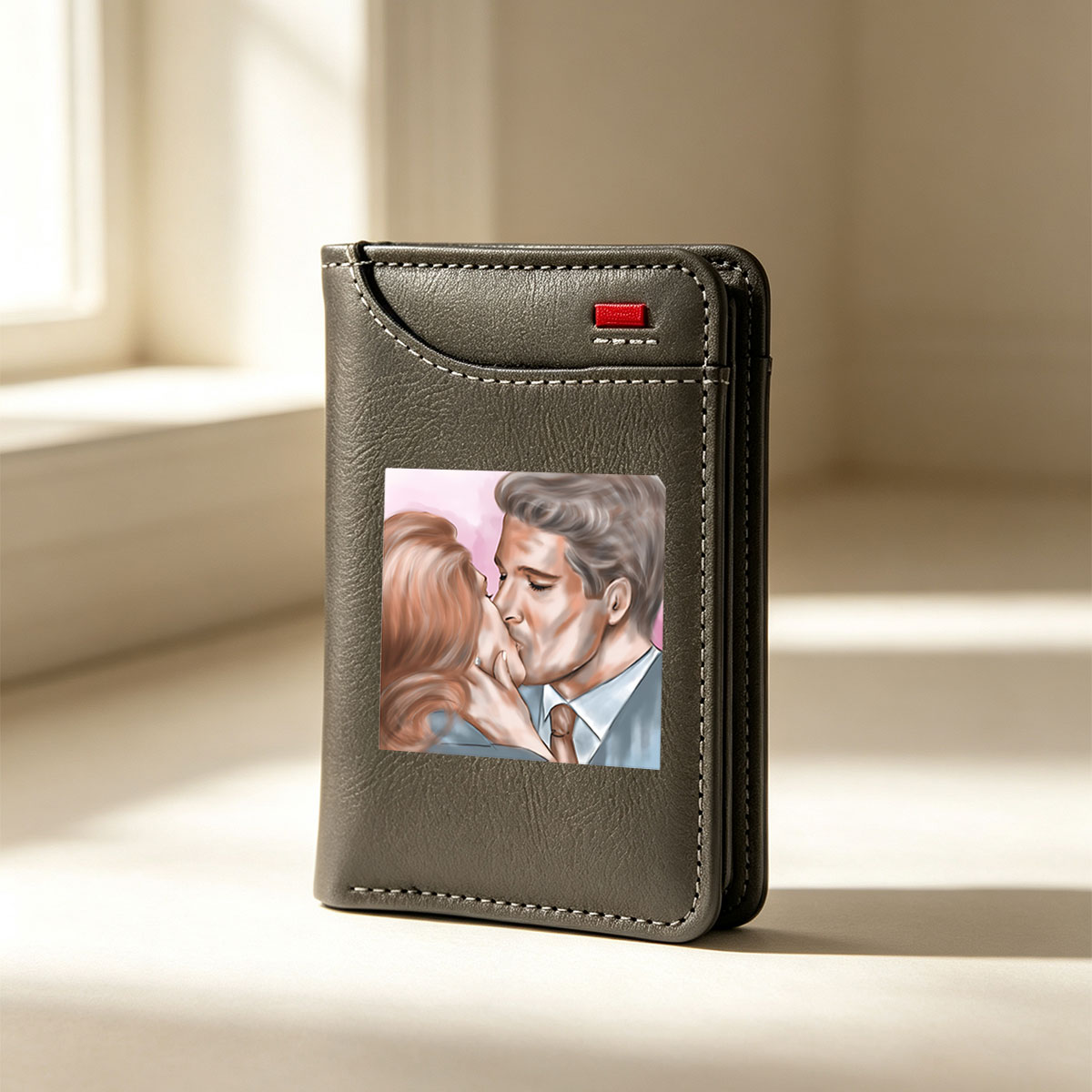 Romantic Kiss Between Elegant Couple in Formal Attire - Vertical Style Wallet