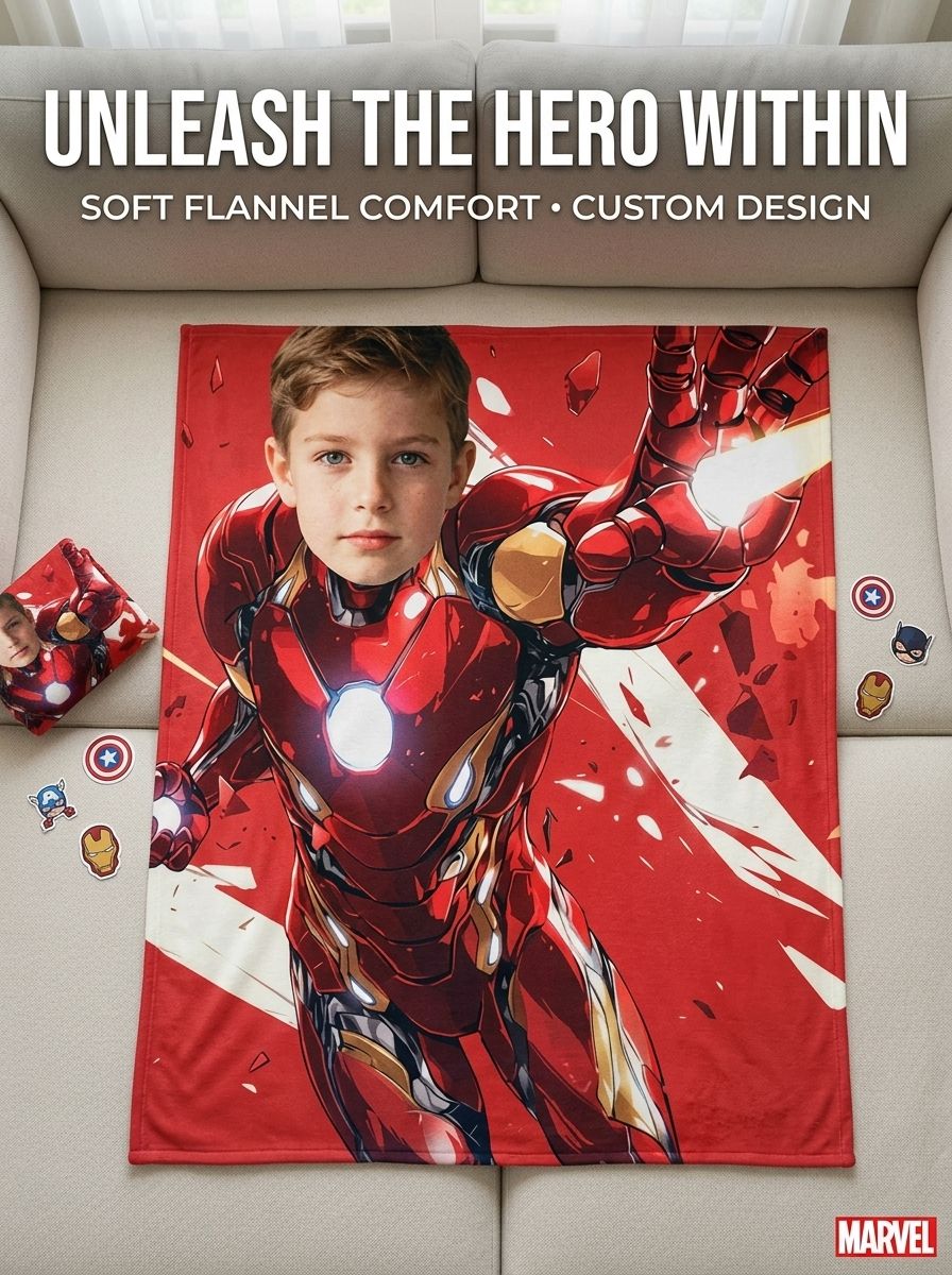 Custom Photo Superhero Armor Flannel Blanket Personalized Face Velvet Plush Throw Ideal Gift for Kids Adults
